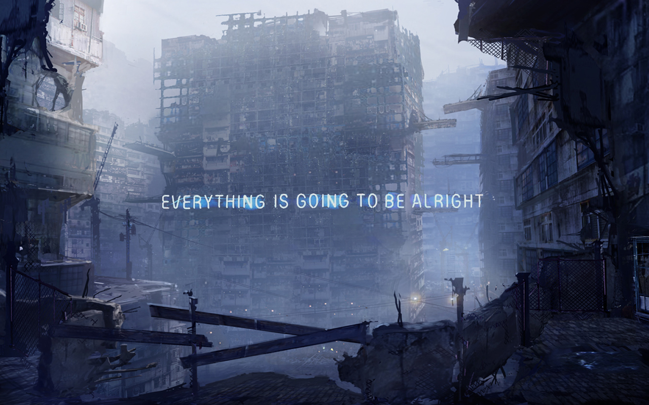 The meme is a darkly humorous image of a post-apocalyptic cityscape with crumbling buildings and a desolate atmosphere. The text "Everything is going to be alright" is displayed in a bright, cheerful font, contrasting with the bleak surroundings. The irony of the optimistic phrase in the face of the city's devastation is the meme's humorous commentary on the resilience of human optimism.